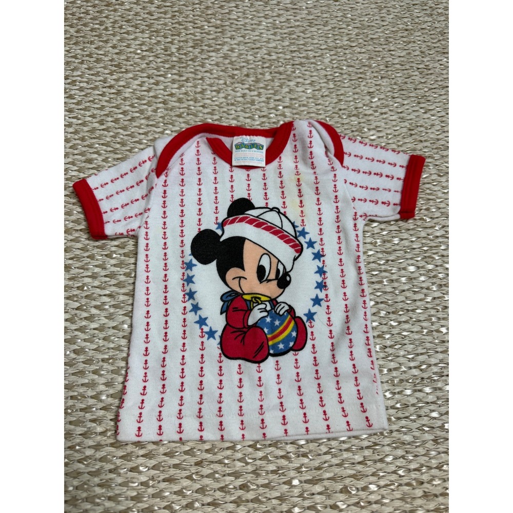 Vintage 1984 Disney Babies Mickey Mouse Sailor Anchor Ringer T-Shirt Infant 0-6M